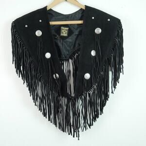 Vintage Chasser Black Suede Leather Fringe Western Cape Wrap Silver Concho Boho